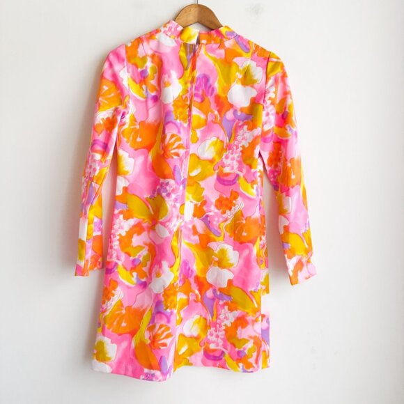 Vintage 60s Acid Pink Mod Long Sleeve Mini Dress M - Picture 6 of 6